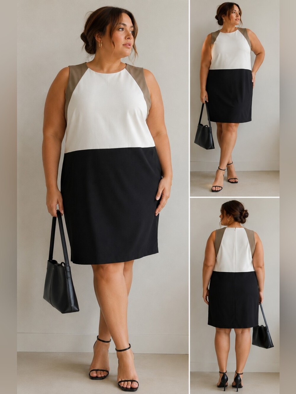 Francisco Costa for Calvin Klein Colorblock Sheath Dress 14 Tan Stone Black Mini